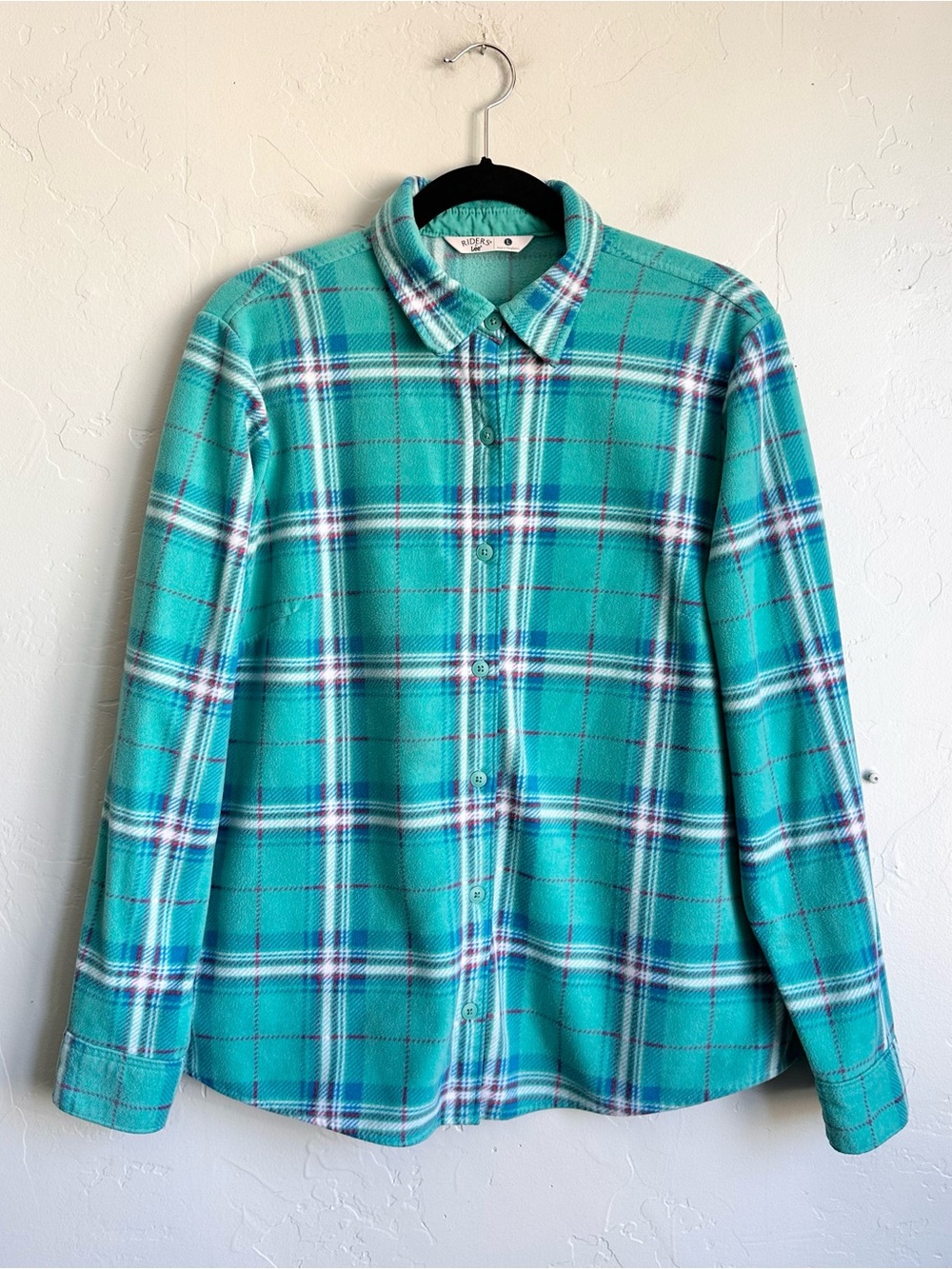 Riders by Lee Teal Plaid Cozy Soft Fleece Button Up Shirt Women's Large EUC